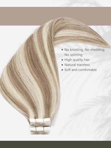 Tape-in Hair Extensions Real Human Hair Blonde Highlights #6 Medium Brown + #60A Platinum Blonde 18 Inch 50g 20pcs