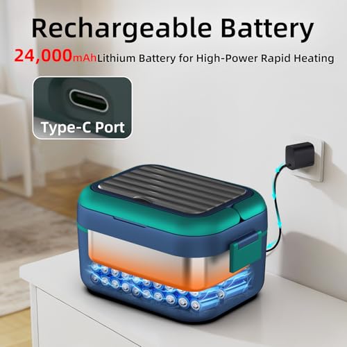 Blue Cordless Heated Lunch Box for Adults XL 6.3 Cups Smart Self-Heating Food Warmer