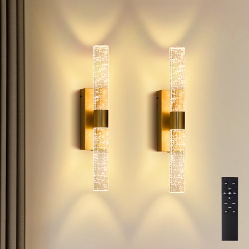 Linboro Gold 16.9-Inch Battery Operated Wall Sconces Set of 2, Dimmable Rechargeable Cordless Lights for Bedroom & Living Room