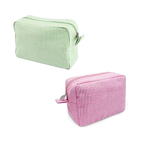 Seersucker Cosmetic Bag, Large Makeup Pouch Travel Toiletry Case with Zipper Closure Seersucker Cosmetic Organizer for Women Girls