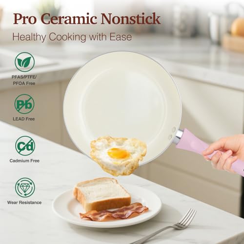 Pink Ceramic Non-Stick Pots and Pans Set - 11 Pieces, Compact Cookware