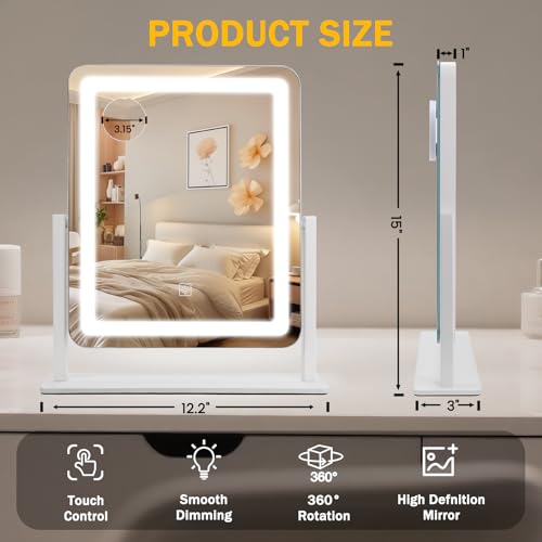 Rechargeable Vanity Mirror with Lights, 3000mAH Battery, 15"¡¿12.2" LED Makeup Mirror, 10X Magnification, Smart Touch with 3-Color Lighting, 360¡Æ Rotation, Lighted Up for Makeup Desk, Bedroom (White)