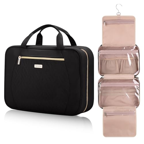 Hanging Toiletry Bag for Women Travel - Large Black Waterproof Cosmetic Organizer with 4 Compartments & Rotating Hook