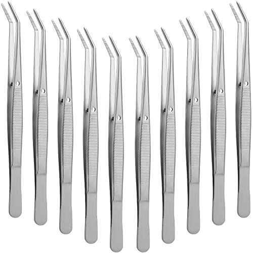 Honoson 10 Pcs Stainless Steel Tweezers for Crafting with Curved Serrated Tip Multipurpose Forceps Sewing Machine Tweezers Bulk (Silver)