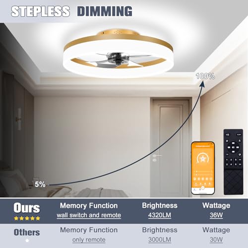 Gold Low Profile Ceiling Fan with Lights and Remote 19.7in Smart Bladeless LED Fandelier