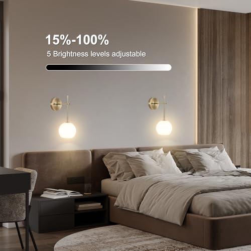 Brass Wireless Wall Sconces Set of 2 - Rechargeable RGB & Dimmable Wall Lights with Remote, Frosted Glass, No Wiring, for Bedroom & Living Room - Variation: Brass / 2-Lights