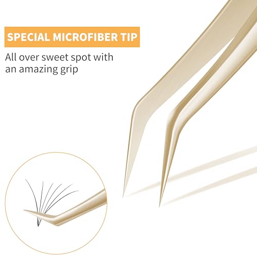 MGER Eyelash Extension Tweezers, Professional Curved Pointed Isolation Tweezers for Classic Individual Volume Mink Lash Extensions, Pointed Tweezers Stainless Lash Extensions, Gold tweezers