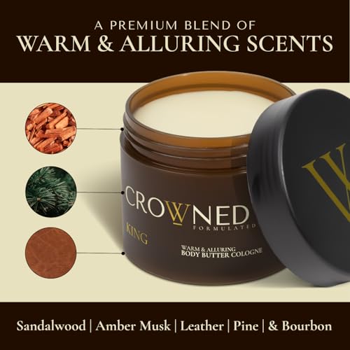 Crowned Skin King Cologned Body Butter for Men | Warm & Sensual | New Moisturizing Formula Scented with Sandalwood & Leather | Infused with Organic Shea & Mango Butters | All-Day Fragrance | 4.4oz