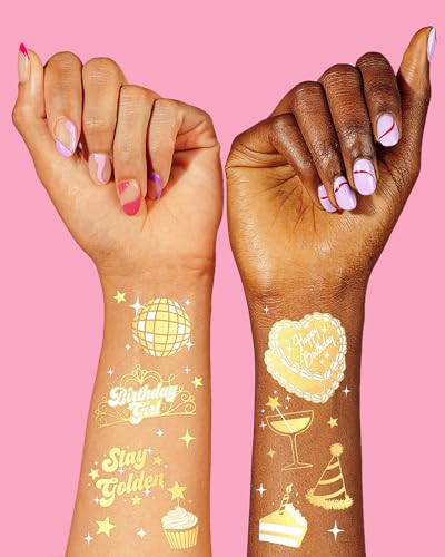 Gold Temporary Tattoos Pack of 3 - 50 Styles for Birthday Party Favors, Girl Celebration, Fun Accessories - Medium