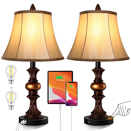 Bronze Touch Control Vintage Bedside Table Lamp Set of 2 with Dual USB Ports and 3-Way Dimming