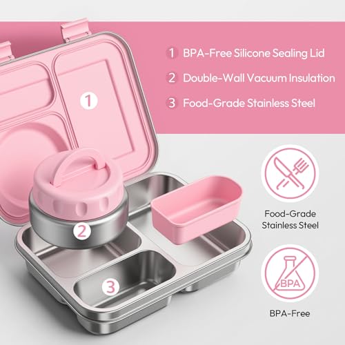 Pink Stainless Steel Bento Lunch Box with 8oz Insulated Food Jar & 3 Compartments