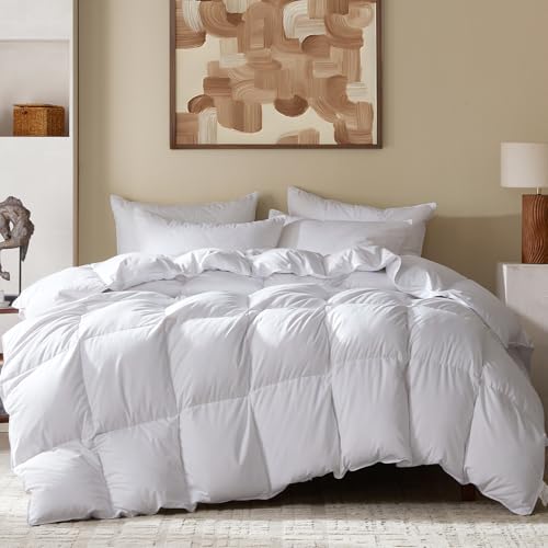 Oversized King Goose Feather Down Fiber Comforter - All-Season Fluffy Duvet with Corner Loops - White