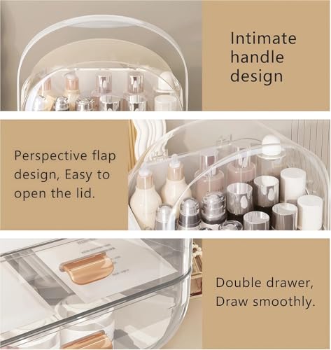 White Makeup Organizer for Vanity with Drawers & Rotating Brush Holder - Skincare Storage Case