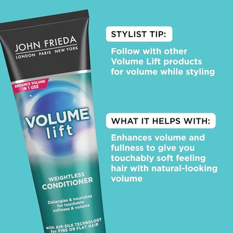 John Frieda Volume Lift Weightless Conditioner, Volumizing Conditioner with Air-Silk Technology for Fine or Flat Hair, Adds Natural Fullness, Safe for Color-Treated Hair, 8.45 Oz, Pack of 2