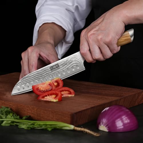 7.1 Inch Damascus Santoku Knife with Ergonomic Olive Wood Handle - Sharp Chef Knife