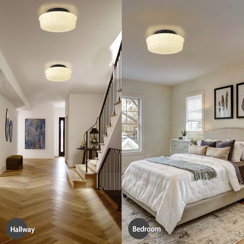 Milk White Ceiling Light Fixture - 13.8'' Flush Mount Vintage Farmhouse Design with 4 LED Bulbs - Variation: Milk White C