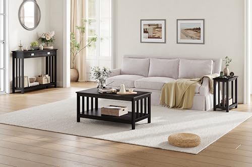 Mission Style Coffee Table with Shelf - Black Wood Living Room Table 22"D x 39.9"W x 18.1"H