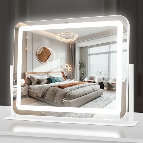 Vanity Mirror with Lights, Large Makeup Mirror, LED Lighted, 3 Color Modes, 360 Rotation, 22.2" x 16.3" White