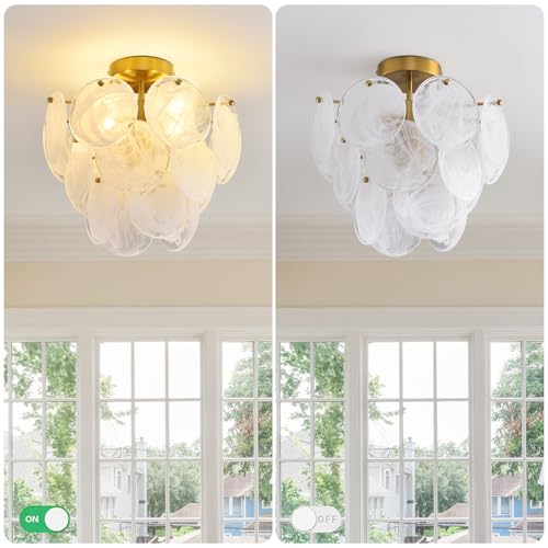Gold White Cloud Glass Ceiling Light Fixture Modern Semi Flush Mount Round Lighting for Bedroom Living Room Foyer