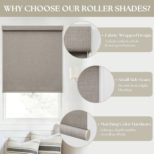 TWODRAPES Burlywood Birch 58W x 72H Cordless Blackout Linen Roller Shades