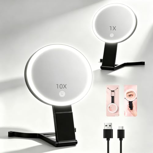 10X/1X LED Lighted Makeup Mirror with Lights - Black 6-inch Double-Sided