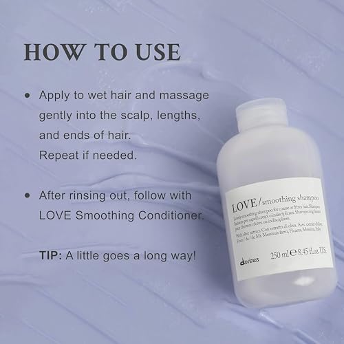 Davines LOVE Smoothing Shampoo, Taming Anti-Frizz Gentle Cleansing Action for Wavy, Unruly, Coarse Hair - Gives Shine, Elasticity, Softness, and a Sleek Smooth Look with Olive Extract, 16.9 Fl Oz