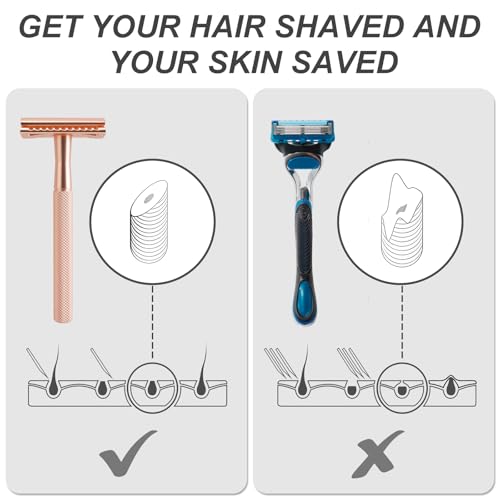 Safety Razor with Stand for Men & Women - Double Edge Single Blade Razor, One Blade Razor with 10 Blades & Metal Stand - Reusable Mens & Womens Shaving Razor (Complete Kit)-Rose gold