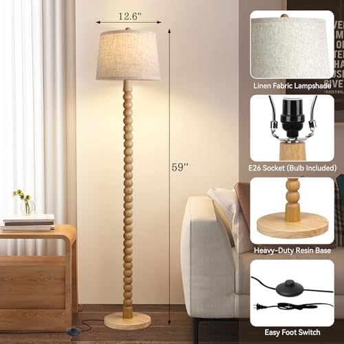 Wood Floor Lamp for Living Room - Tall Wooden Standing Lamp with 3-Color Bulb - Farmhouse Style - Variation: Wood