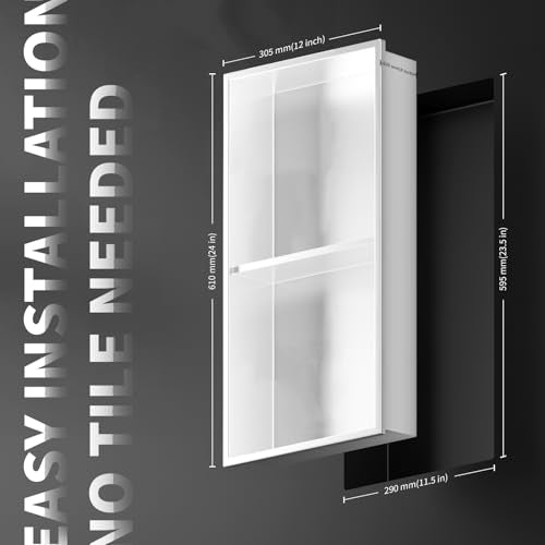 Homevacious 12x24 White Stainless Steel Shower Niche No Tile Needed, Recessed Wall Shelf