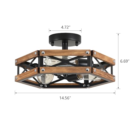 Oak and Black 2 Pack Rustic Farmhouse 3-Light Ceiling Light Fixtures - Wood & Metal Flush Mount for Hallway, Entry, Bedroom, Kitchen
