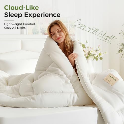 Queen Size Cooling Bamboo Comforter - Hypoallergenic All-Season Duvet Insert - White 88x88 Variation