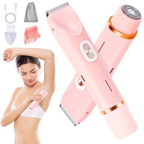 2 in 1 Electric Razors for Women, Dual Head Bikini Trimmer with Carrying Case, Ipx7 Waterproof Trimmer Shaver, Ladies Hair Removal for Face Armpit Pubic Hair Leg, Easy Cleaning and Ceramic Blade