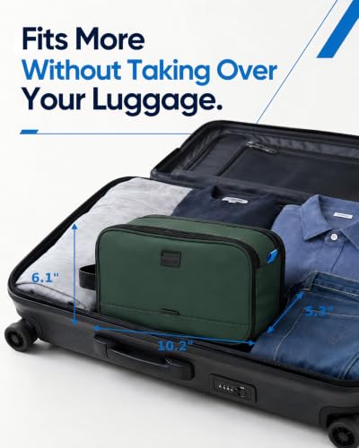 Green Medium Travel Toiletry Bag for Men - Full Open Dopp Kit with Dual Compartments