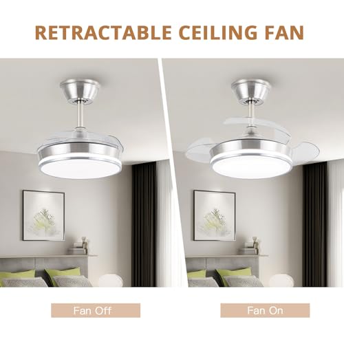 30-Inch Retractable Ceiling Fan with Lights - Brushed Nickel, Dimmable LED, Remote Control, 6 Speeds