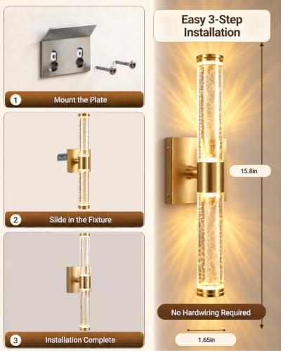 Guwikou Gold 15.7 Inch Battery Operated Wall Sconces Set of Two - Dimmable Wireless Wall Lights
