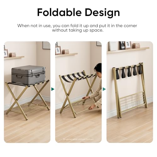 Smuxee Gold 2-Piece Fully Assembled Foldable Luggage Rack Set with 5 Nylon Straps