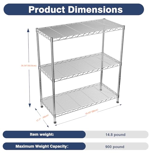 Adjustable 3-Tier Metal Wire Shelving Rack - Chrome Finish, 35.4x17.7x36.5 Inches - Heavy Duty Storage Shelf with Wheels - Variation of THIS listing