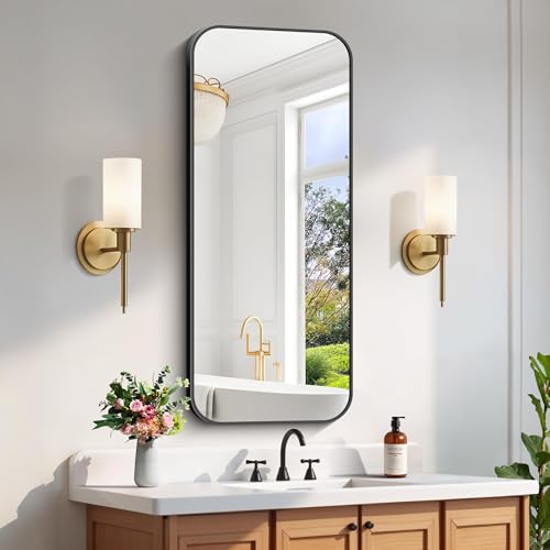 Black Bathroom Mirror 20x48 Inches Rectangle Wall Mount with Aluminum Frame – Rounded Corner Design