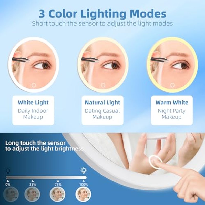 30x Magnifying Mirror with Light, 3 Color Modes, Dimmable, Rechargeable, 6" Viewing Area, 3 Suction Cups, Travel Makeup Mirror, High Magnification, Includes Tweezers & Scissors