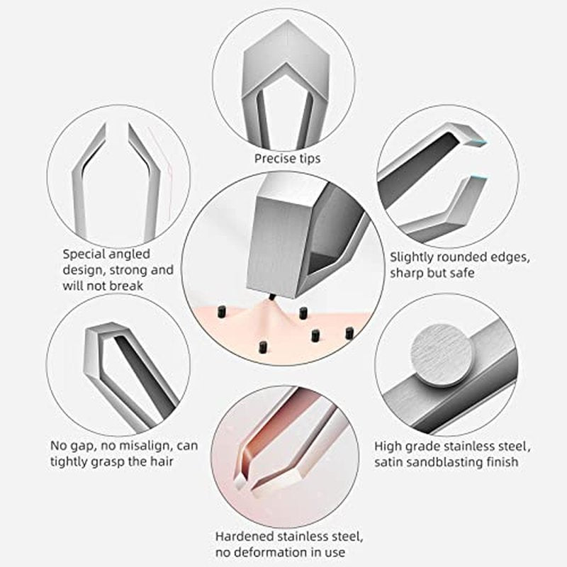 Beard Tweezers, White Hair Plucking, Fine Hair Removal, Eyebrows Shaping Tool, 5mm Tip, Stainless Steel, Cyan PU Case 1Pack
