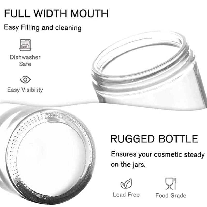 2 oz Round Clear Glass Jars, Bumobum 70 pack Cream Jars with Black Lids, Black and White Labels & Inner Liners, Empty Cosmetic Containers for Cream, Lotion