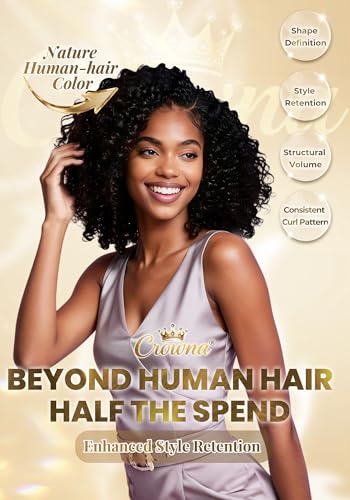 CROWNA Burmese Curly Hair Bundles 18-22 Inch Natural Black, Reusable Protein Fiber Extensions