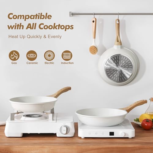SENSARTE Ceramic Nonstick Frying Pan Set White 8 & 11 Inch with Lid