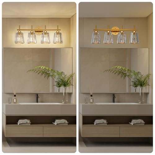 KernLite Gold 4-Light Crystal Bathroom Vanity Light Fixtures Over Mirror - Modern Wall Sconce with Ceramic E26 Base, Up or Down Mount