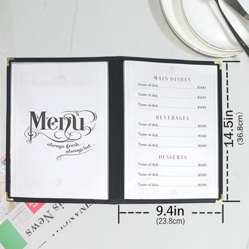4-View Restaurant Menu Cover - 8.5 x 14 Black Vinyl with Gold Corners, Side-Loading, 2 Pages - Variation of THIS listing