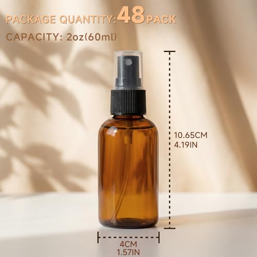 48 Pack Travel Size Amber Spray Bottles - Fine Mist Plastic Refill Sprays for Hair, Skin, Plants & More