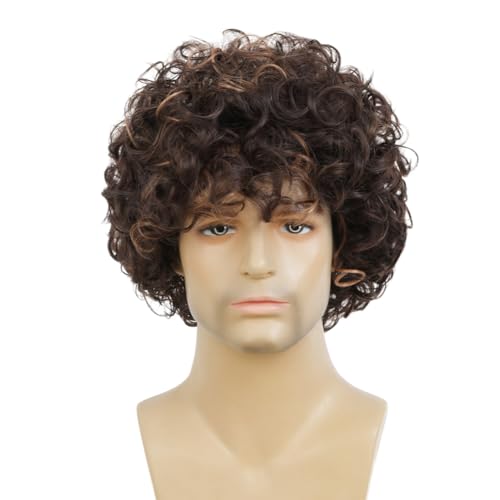 Dark Brown Curly Afro Wig Short Fluffy Men’s Cosplay Wigs - Brown Mixed Blonde Variation
