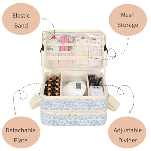 Blue Flower Nail Polish Organizer Bag Holds 50+ Bottles & UV Nail Lamp