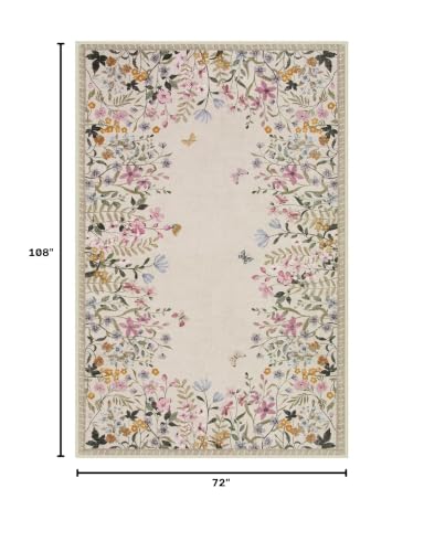 6x9 Beige Washable Boho Floral Area Rug - Non Slip Low Pile Nursery Carpet