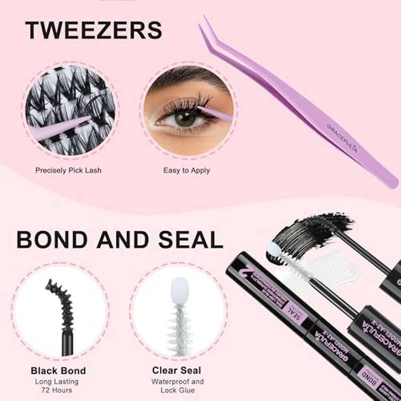 Fluffy Lash Clusters 80D+100D, DIY Eyelash Extension Kit with Glue and Tweezer, 9-16mm D Curl Wispy Flat Lash Clusters, 280pcs Individual Lashes